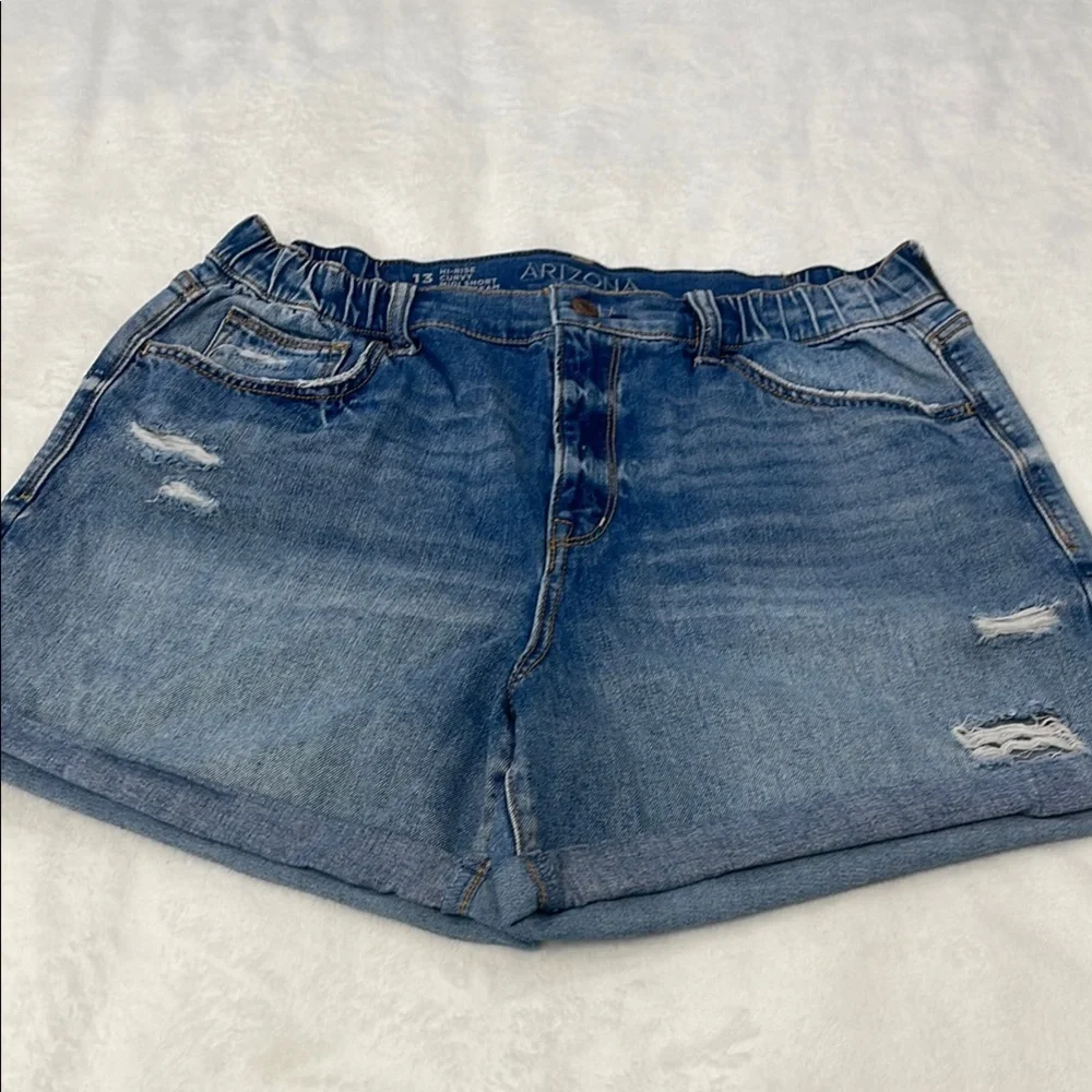 Arizona Jean Company HiRise Curvy Midi Blue Distressed Jean Shorts WOMEN SIZE 13